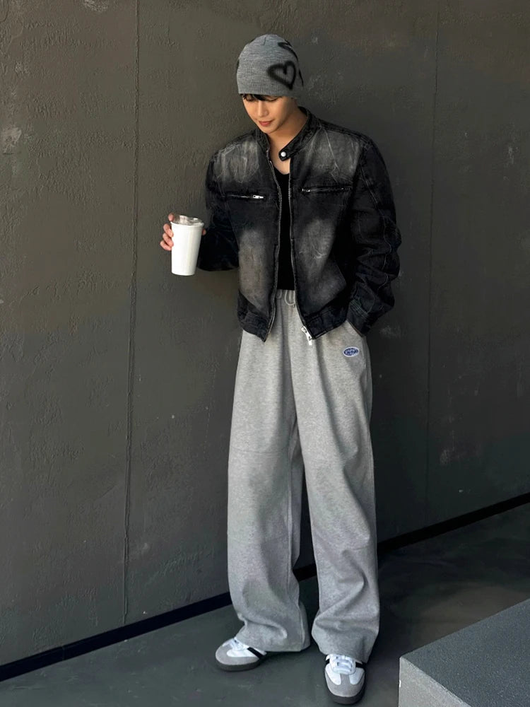 High Street Men's Short Denim Coats Stand Collar Solid Color Loose Zipper Washing Male Jackets 2025 Spring Korean Style