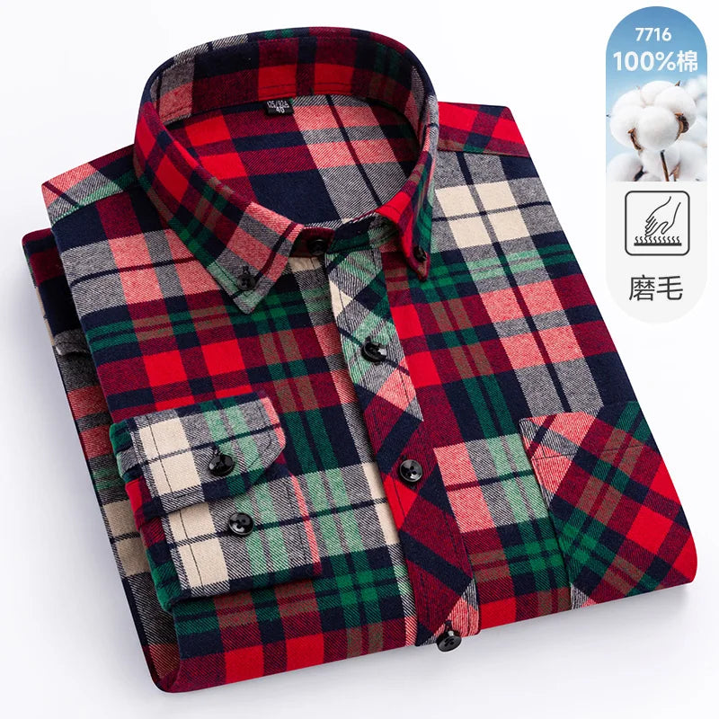 Men's 100% Pure Cotton Flannel Soft Regular-fit Long Sleeve Brushed  Shirt Single Pocket Comfortable Casual Plaid  Shirts S-8XL