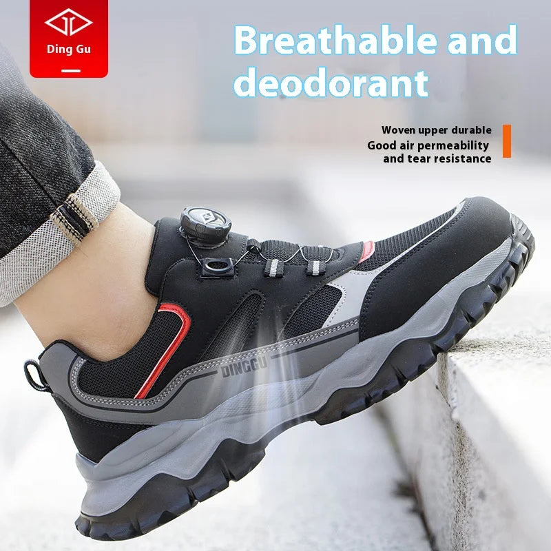 Steel Toe Lightweight Breathable Sneakers for Men Anti-smash Anti-puncture Protection Safety Shoes Rotating Button Work Shoes