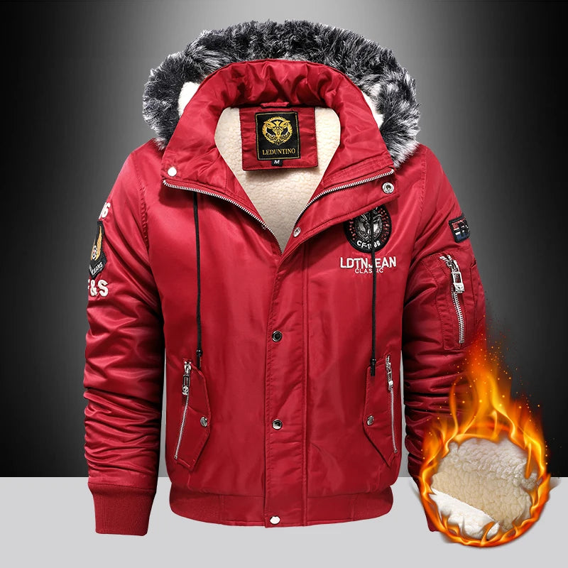 Men's Winter Warm, Hooded Jacket with Raw Edge, Lined Aviator Jacket, Embroidered Badge Design, Windproof and Waterproof Jacket
