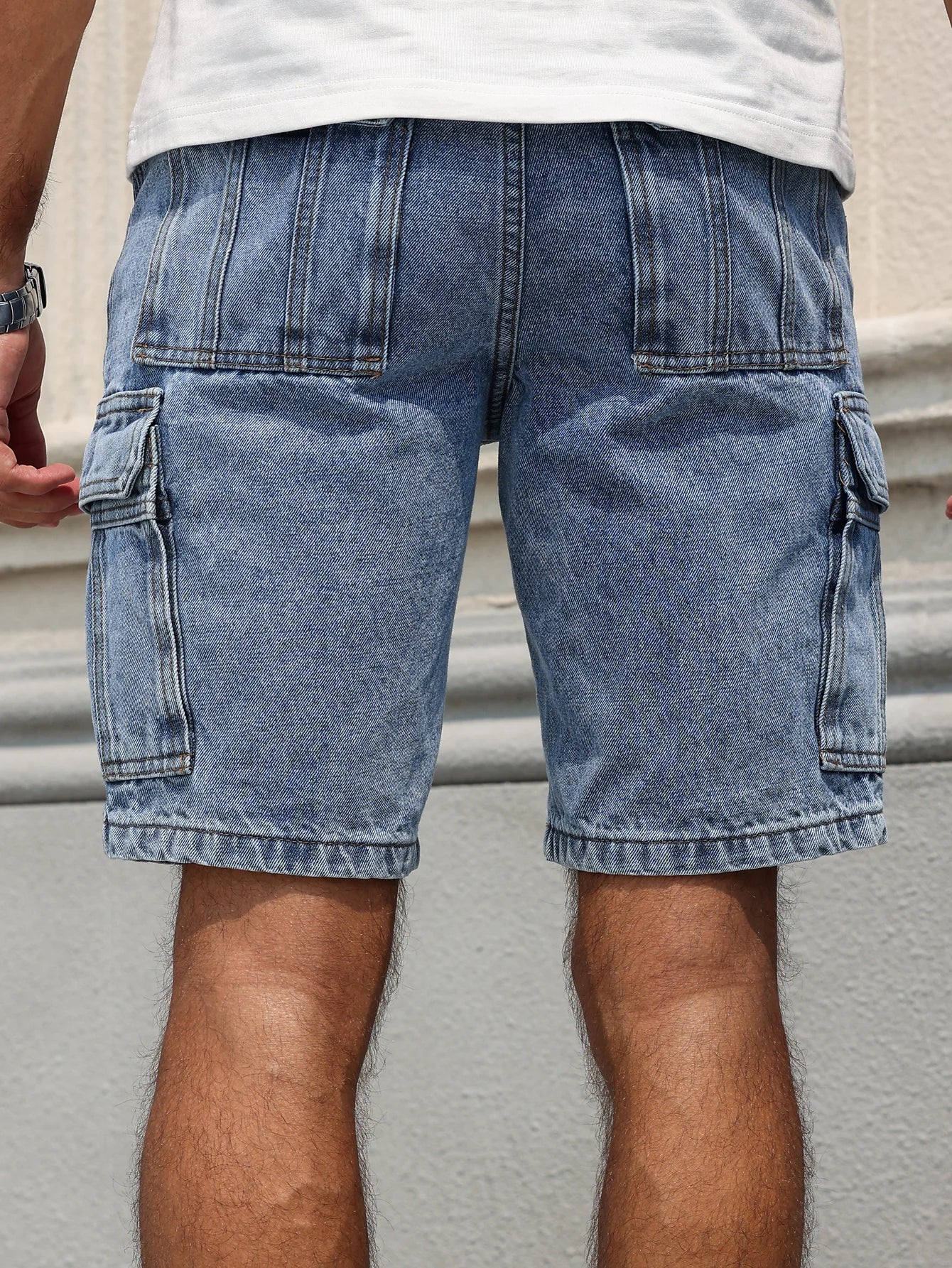 Men's summer blue regular denim shorts. Multi-pocket design. Stylish and casual.