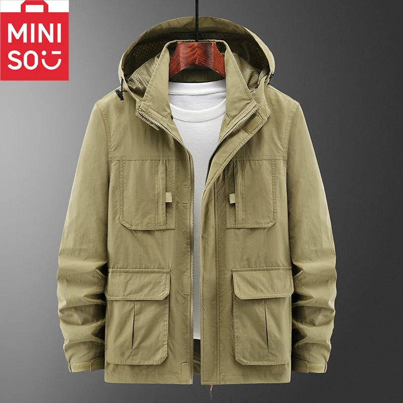 MINISO2024 new assault jacket, casual outdoor hooded plus size jacket, men's middle-aged and elderly jacket, autumn and winter o