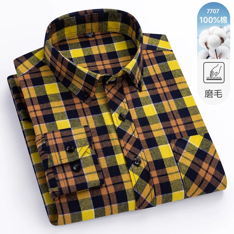 Men's 100% Pure Cotton Flannel Soft Regular-fit Long Sleeve Brushed  Shirt Single Pocket Comfortable Casual Plaid  Shirts S-8XL