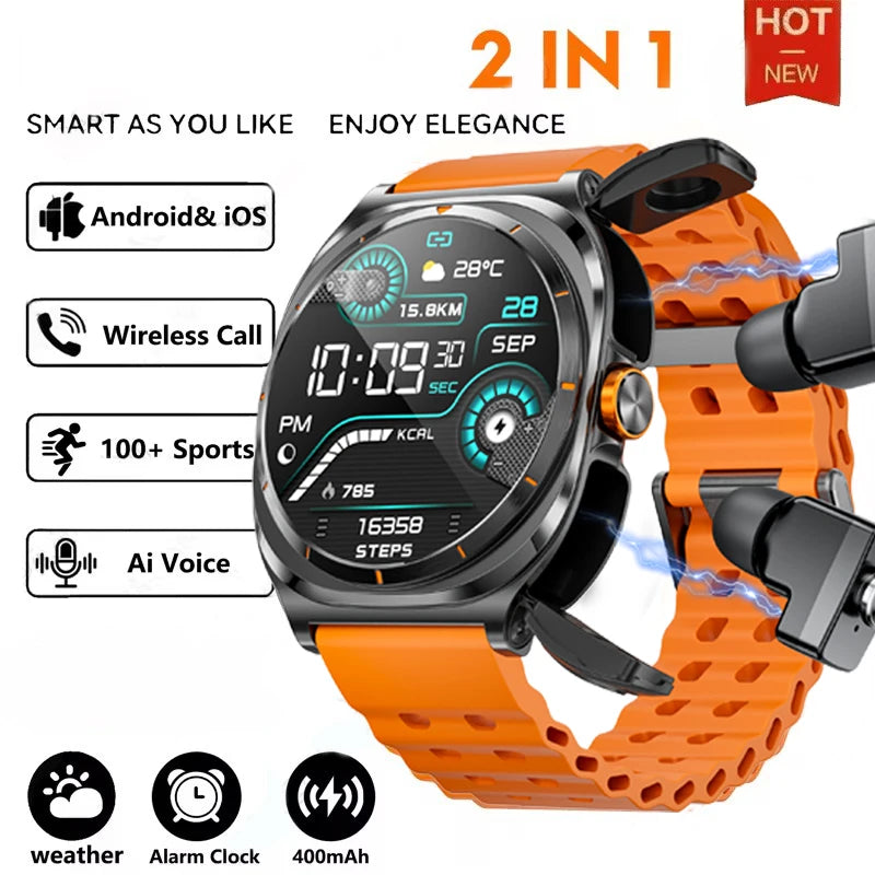 New Popular Wireless Bluetooth watch Men water proof TWS Earphones Dual Earphones Call Health Monitor Sports Music Smartwatch