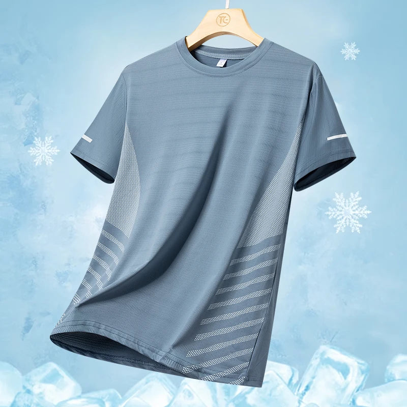 Men's Silk Ice Round Collar T-shirt, Simple Running Fitness Suit, Breathable Thin T-shirt, Quick Dry T-shirt, Summer