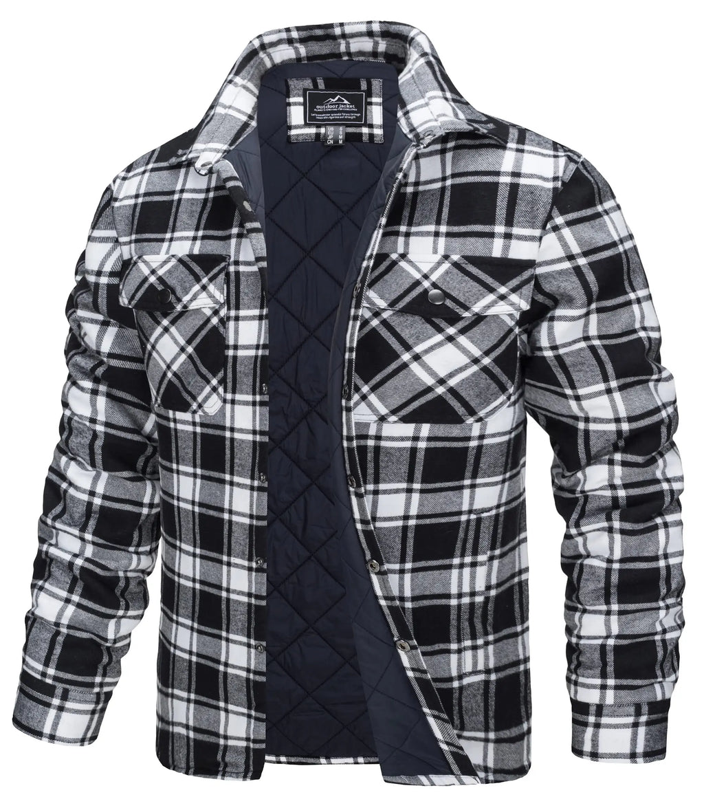 TACVASEN Winter Plaid Cotton Jackets Mens Long Sleeve Quilted Lined Flannel Shirt Jacket Multi-Pockets Outwear Hiking Coats Tops