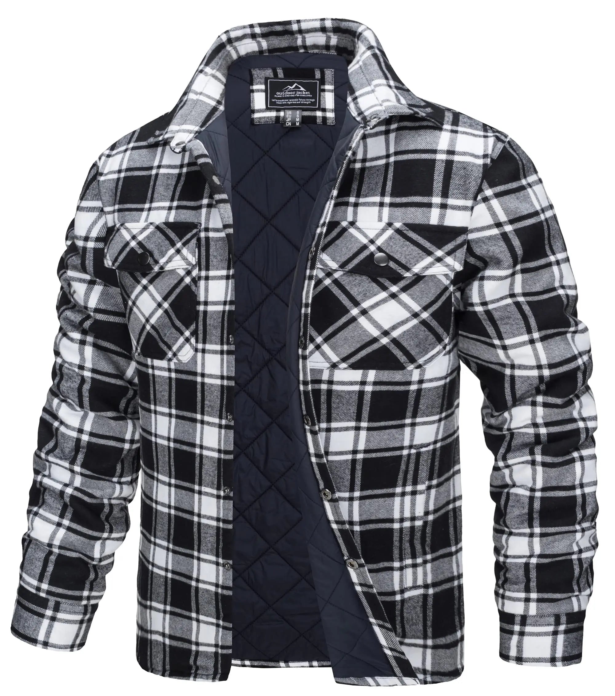 TACVASEN Winter Plaid Cotton Jackets Mens Long Sleeve Quilted Lined Flannel Shirt Jacket Multi-Pockets Outwear Hiking Coats Tops