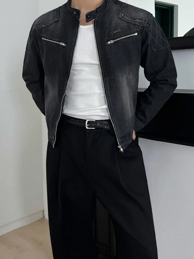 SYUHGFA 2025 Autumn Stand Collar Solid Color Men's Wear Denim Jackets Zipper Patchwork Korean Style Casual Loose Short Male Coat