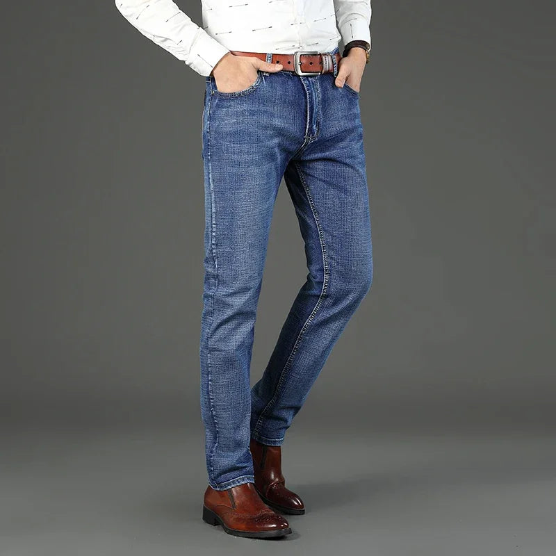 2-piece Set  WhinLEE Black and Blue Business Elite Jeans, Summer Micro Elastic Straightleg Multicraft High-quality Denim Pants