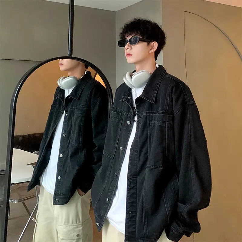 Trendy Men's Denim Jacket Autumn Winter, Ripped & Patchwork Design, Oversized Fit, Urban Street Style, Unisex