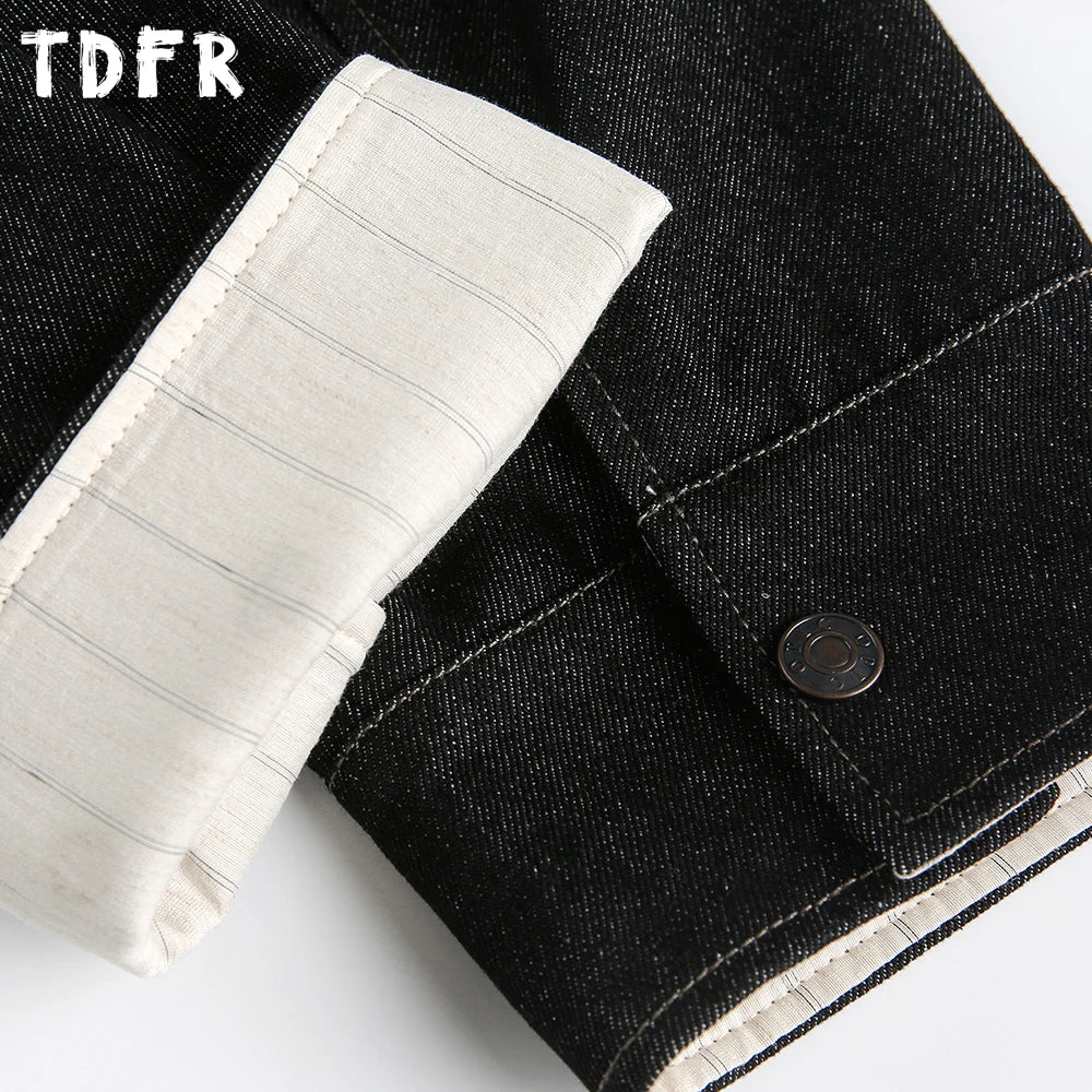 Pocket Fake Two Pieces Denim Jacket Mens Spliced Retro Casual Stand Collar Long Sleeve Outerwear Man