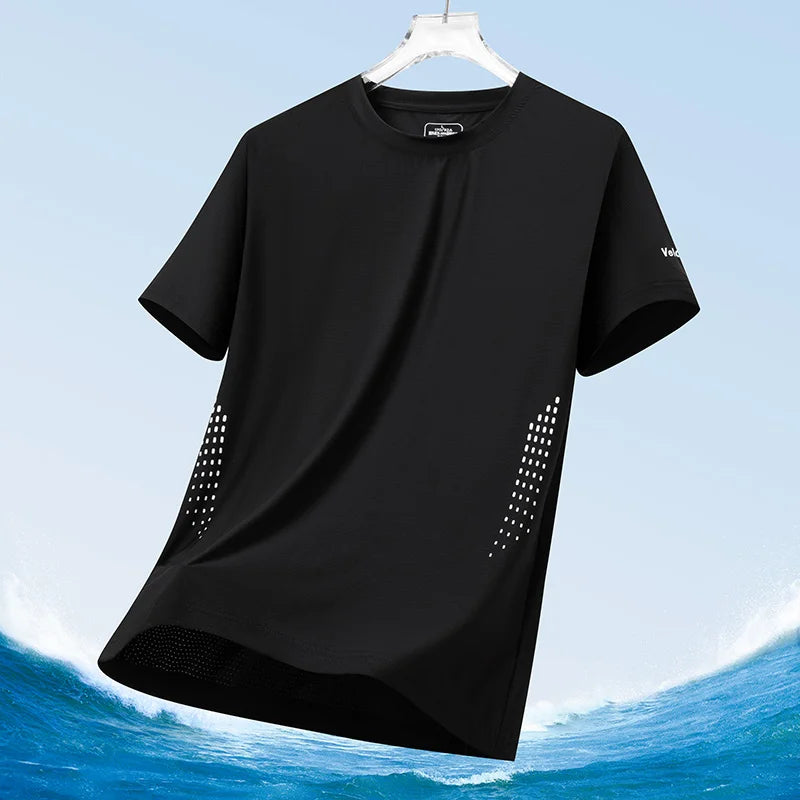 Men's Silk Ice Round Collar T-shirt, Simple Running Fitness Suit, Breathable Thin T-shirt, Quick Dry T-shirt, Summer