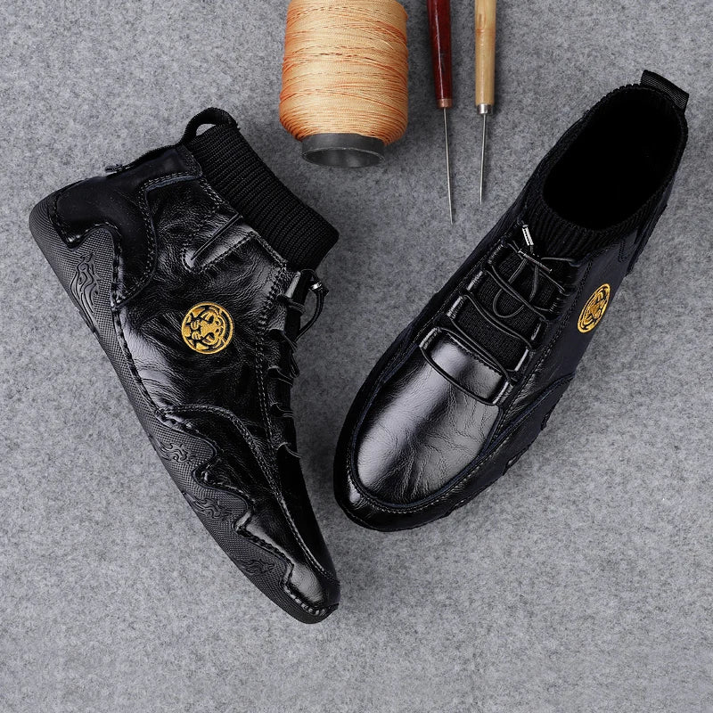 CLOHOO Men's Wear-resistant Boots Casual Classic Genuine Leather Handmade Shoes Ankle Round Toe Lace Up Walking Business Boot