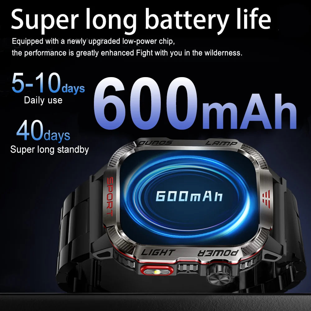 2025 New Outdoor Sport Smart Watch Men Compass LED Flashlight 600mAh Battery Health Monitoring Waterproof BT Call Smartwatch
