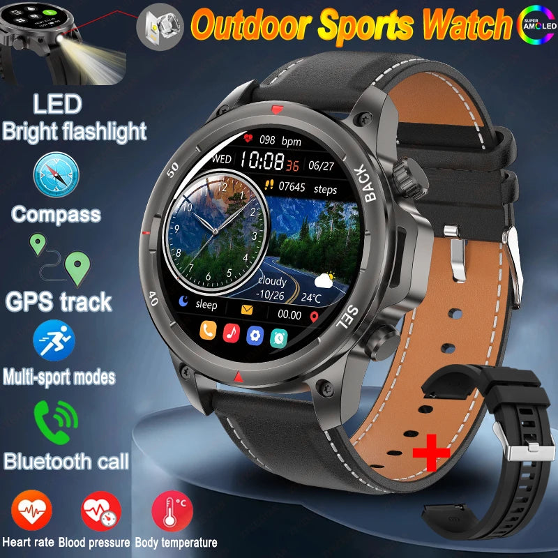 For Huawei Bluetooth Call Smart Watch Men AMOLED HD Large Screen With Flashlight Heart Rate NFC Waterproof GPS Sports SmartWatch