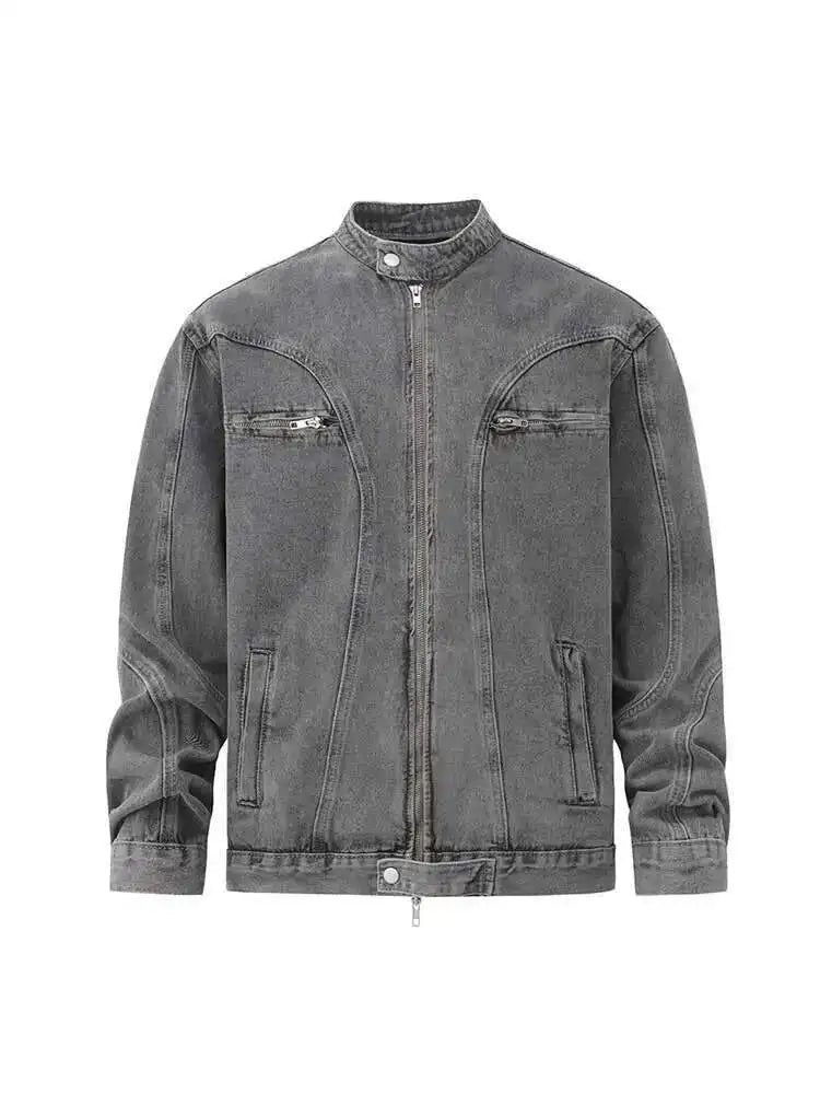 Stand Collar Solid Color Men's Denim Jackets Zipper Patchwork Korean Style Casual Tops Loose Short Male Coat 2025 Autumn