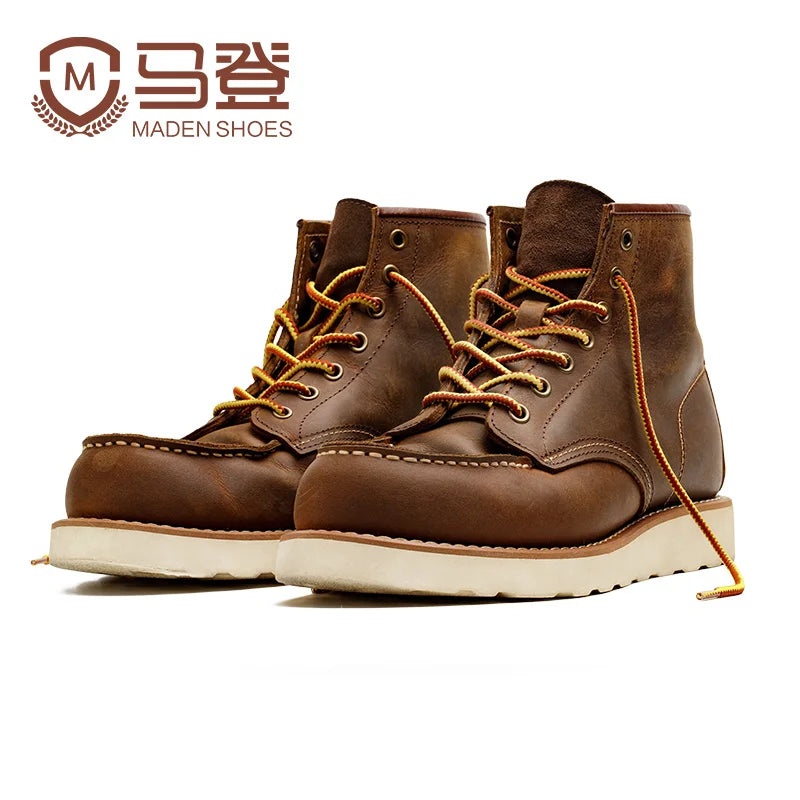 Maden Vintage 875 Ankle Boots Genuine Crazy Horse Leather Round Toe Durable High-Top Lace-Up Boots for Winter Fall Work Shoes