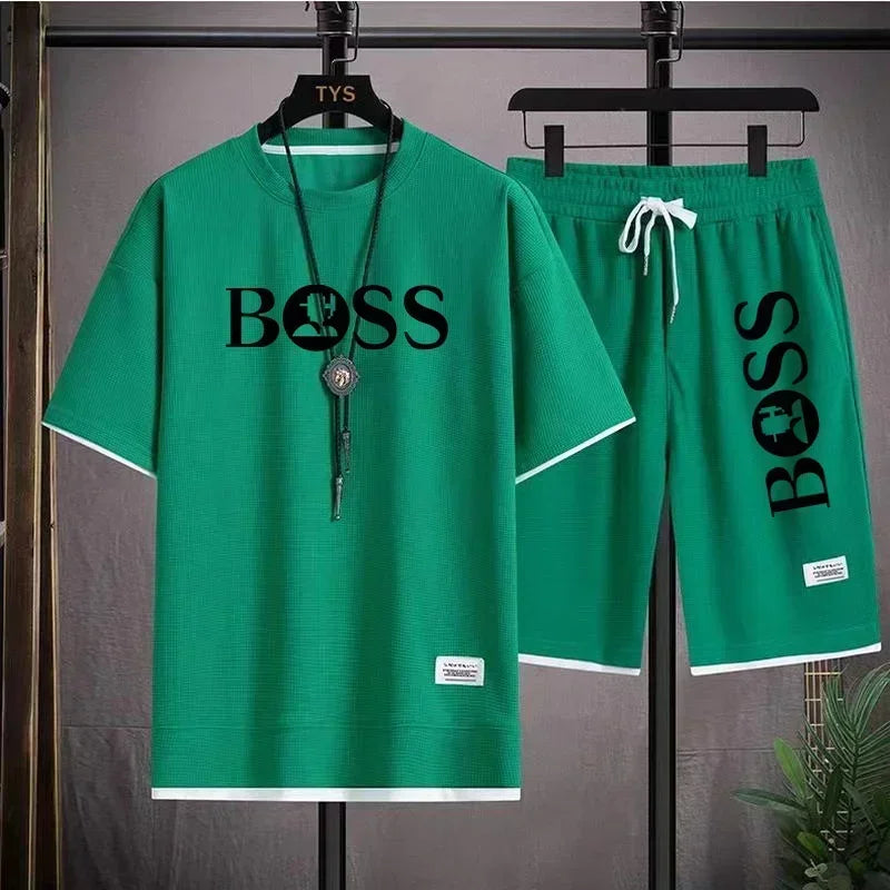 Summer 2025 new men's breathable short sleeve T-shirt + quick drying shorts two-piece outdoor fashion men's sports casual top