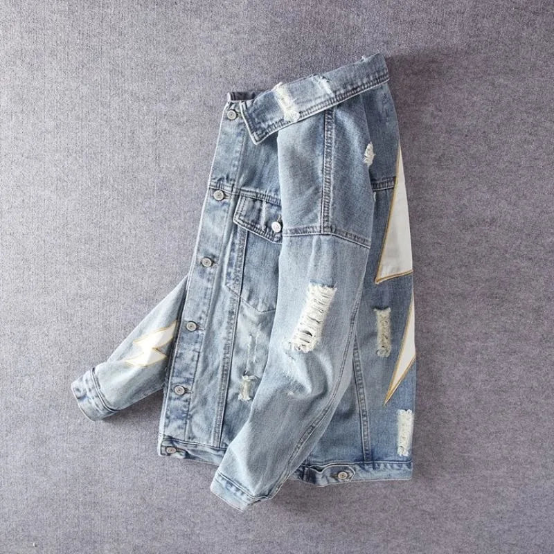New men's denim jacket embroidered print fashion retro ripped street jacket men