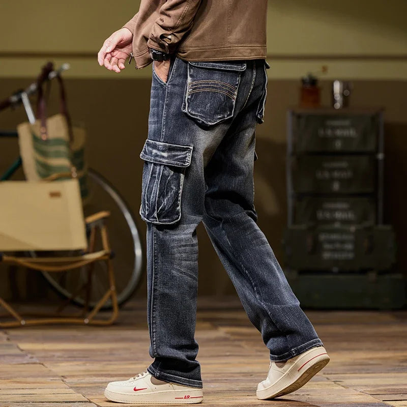 2025 Men's new elastic American retro multi -pocket Workers for denim  men's pants pants loose large size three -color
