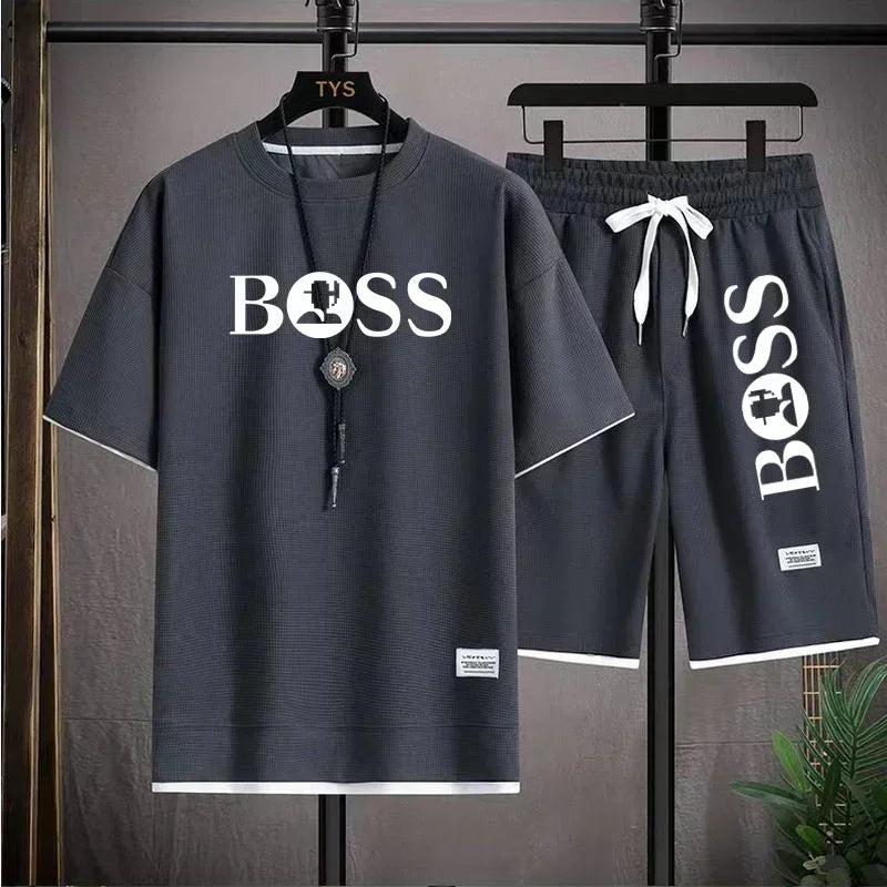 Summer 2025 new men's breathable short sleeve T-shirt + quick drying shorts two-piece outdoor fashion men's sports casual top
