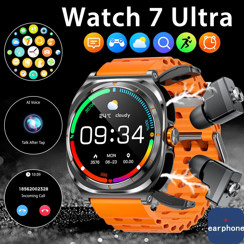 New Popular Wireless Bluetooth watch Men water proof TWS Earphones Dual Earphones Call Health Monitor Sports Music Smartwatch