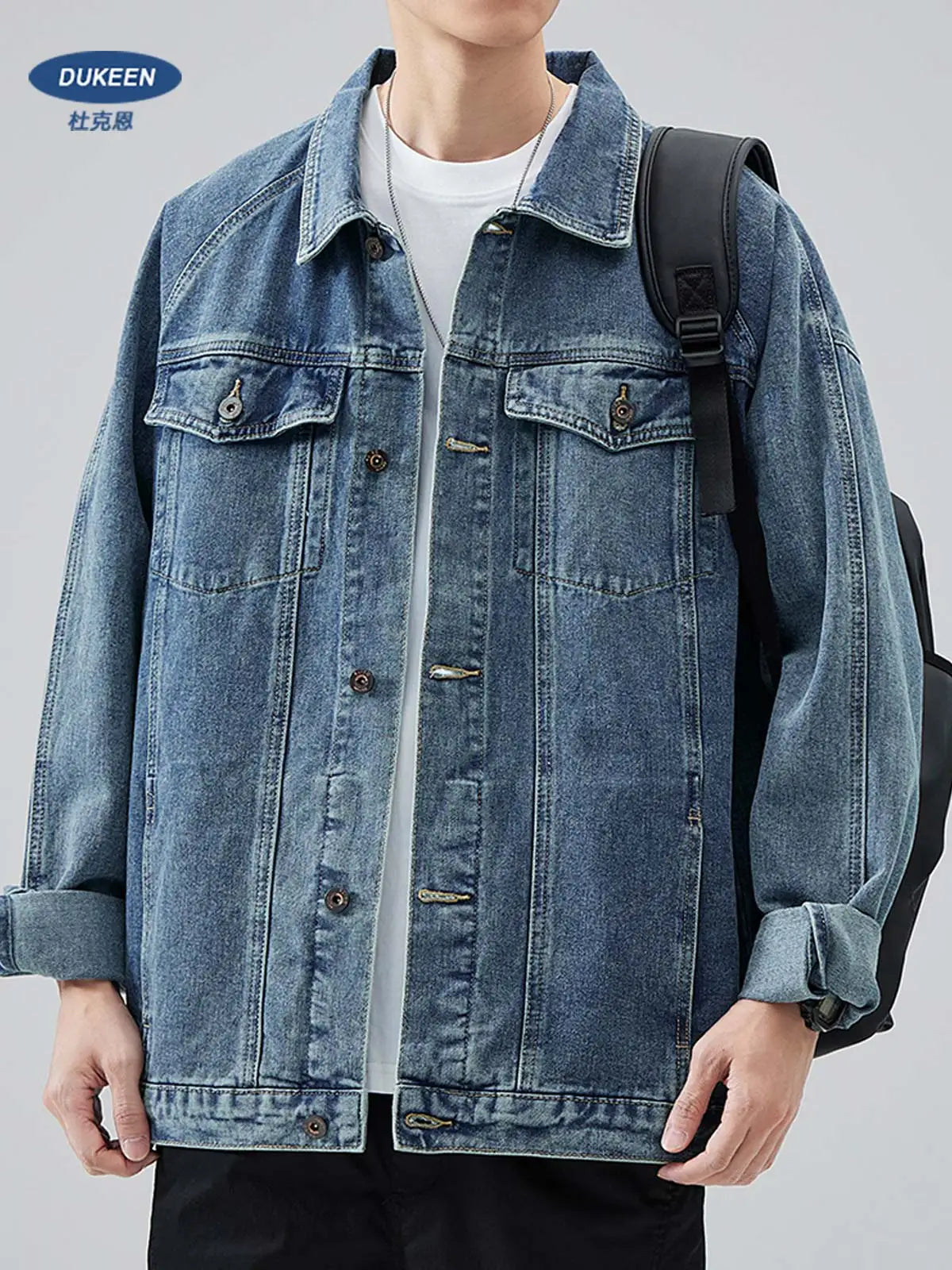 DUKEEN Blue Denim Jacket for Men 2025 Spring and Autumn New Loose Casual Retro Men's Jean Jacket Man Coats