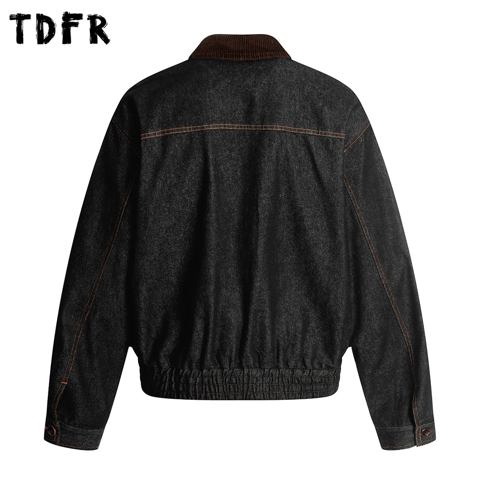 Big Pocket Denim Cargo Jacket Mens Autumn Retro Casual Spliced Lapel Loose Long Sleeve Outerwear Man