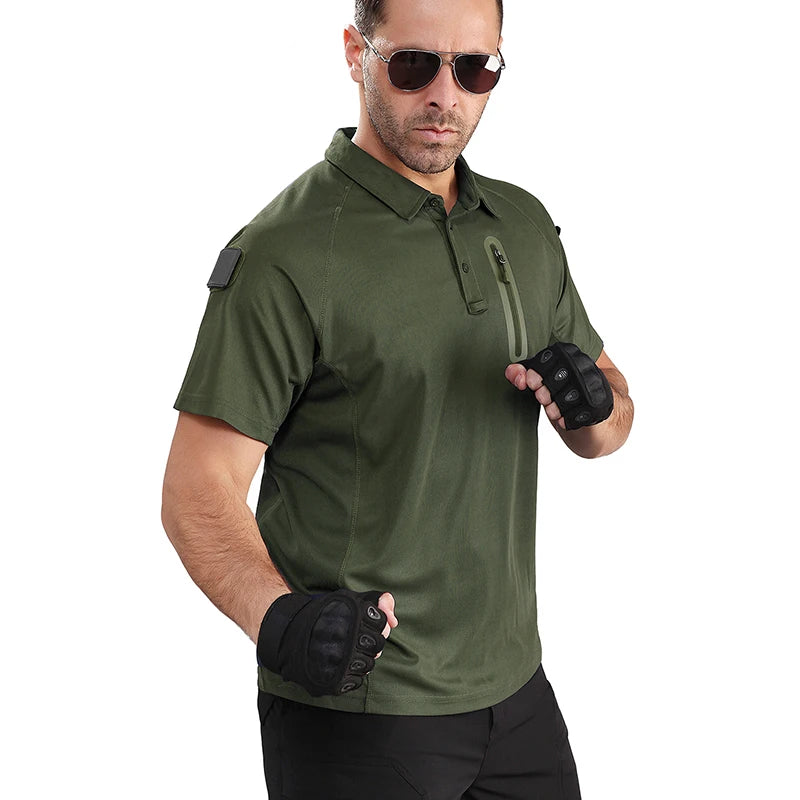 Men's Short Sleeve Polo Shirts Summer Tactical Polo with Zip Pocket Outdoor Hiking Golf Shirt Big Plus Size USA Size
