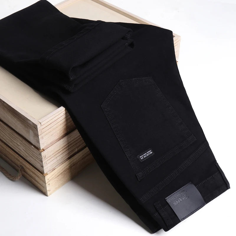 Men Classic Advanced Fashion Brand Pure Black Jeans Man Soft Breathe Stretch Slim Straight Denim Trousers Mens Pants Overalls