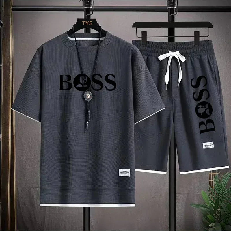 Summer 2025 new men's breathable short sleeve T-shirt + quick drying shorts two-piece outdoor fashion men's sports casual top