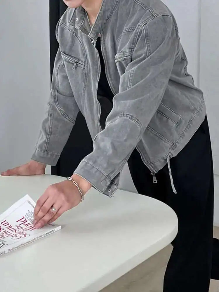 Stand Collar Solid Color Men's Denim Jackets Zipper Patchwork Korean Style Casual Tops Loose Short Male Coat 2025 Autumn