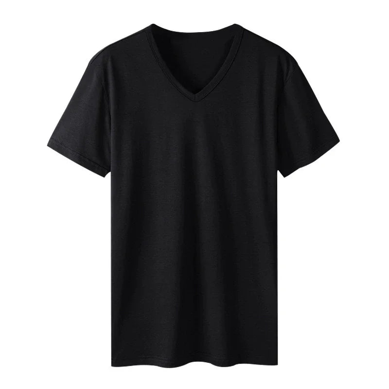2025 men's short sleeved T-shirt loose and breathable plus size T-shirt top summer thin solid color V-neck home clothing base s