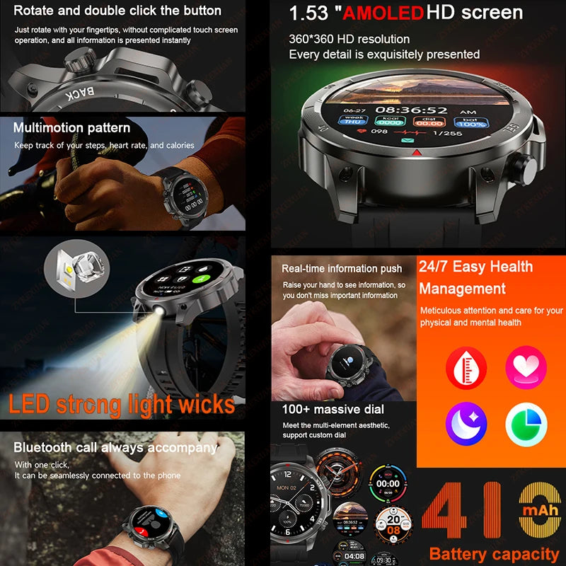 For Huawei Bluetooth Call Smart Watch Men AMOLED HD Large Screen With Flashlight Heart Rate NFC Waterproof GPS Sports SmartWatch