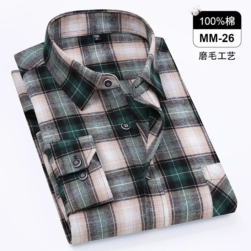 Men's 100% Pure Cotton Flannel Soft Regular-fit Long Sleeve Brushed  Shirt Single Pocket Comfortable Casual Plaid  Shirts S-8XL