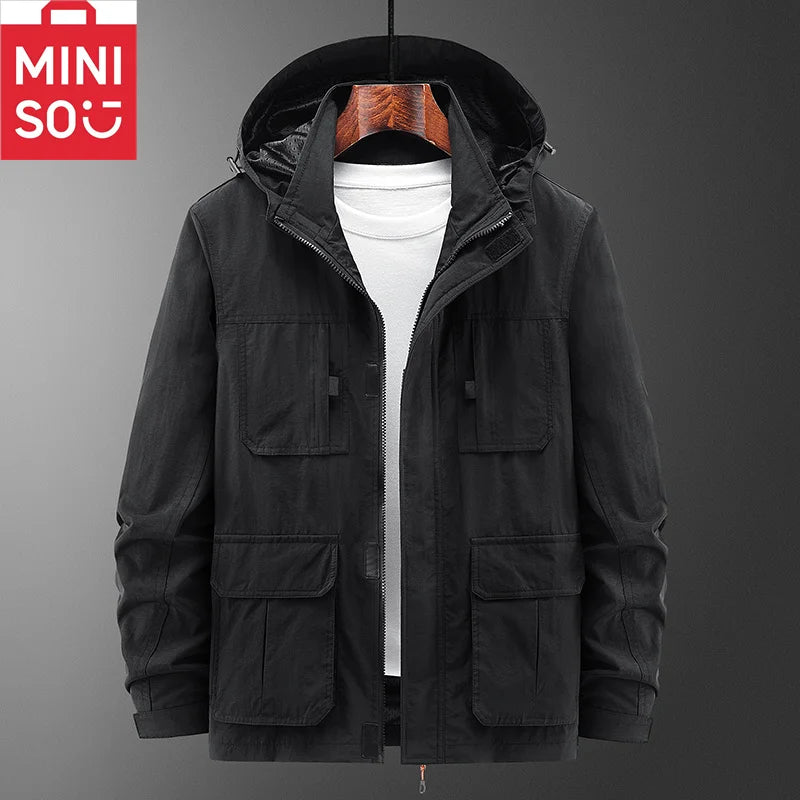 MINISO2024 new assault jacket, casual outdoor hooded plus size jacket, men's middle-aged and elderly jacket, autumn and winter o