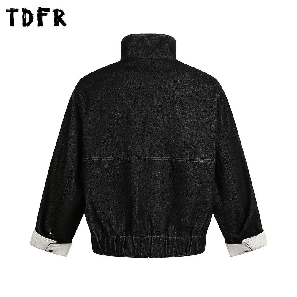 Pocket Fake Two Pieces Denim Jacket Mens Spliced Retro Casual Stand Collar Long Sleeve Outerwear Man