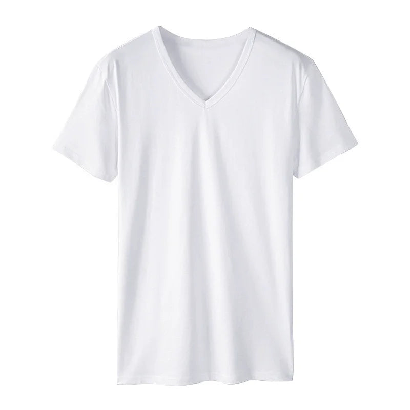 2025 men's short sleeved T-shirt loose and breathable plus size T-shirt top summer thin solid color V-neck home clothing base s