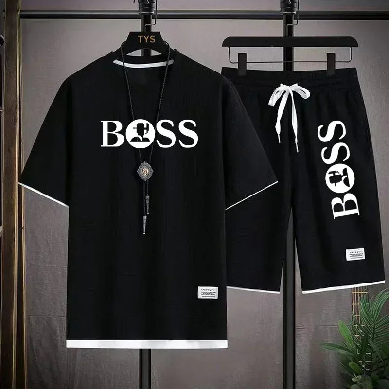 Summer 2025 new men's breathable short sleeve T-shirt + quick drying shorts two-piece outdoor fashion men's sports casual top