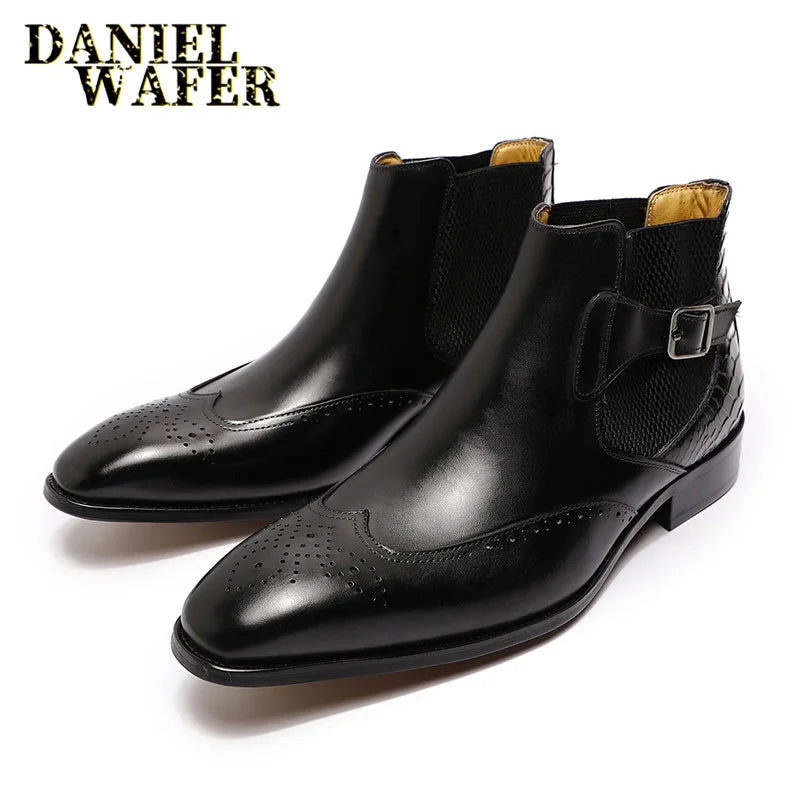 Men's Luxury Genuine Leather Chelsea Boots Ankle High Grade Slip-On Buckle Strap Wingtip Brown Black Basic Shoes