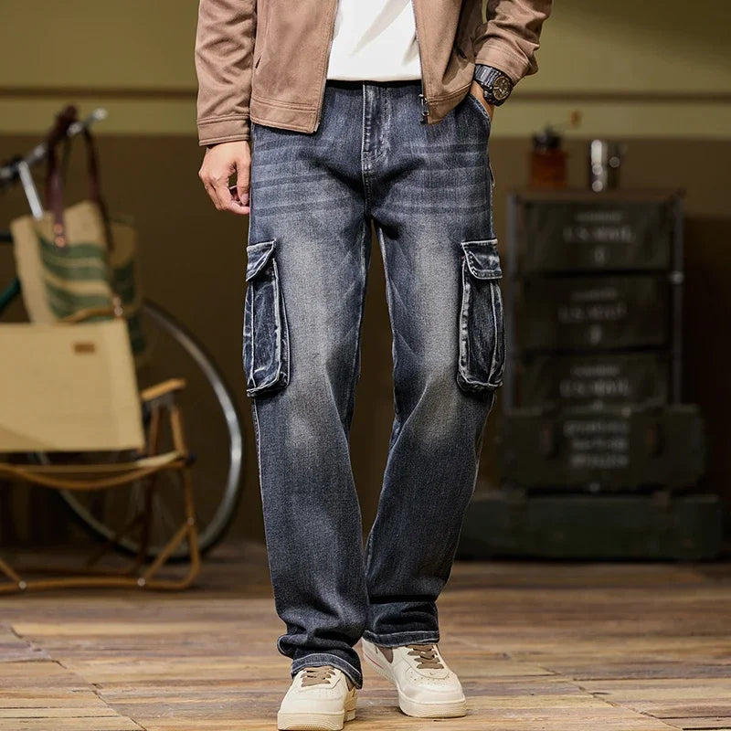 2025 Men's new elastic American retro multi -pocket Workers for denim  men's pants pants loose large size three -color