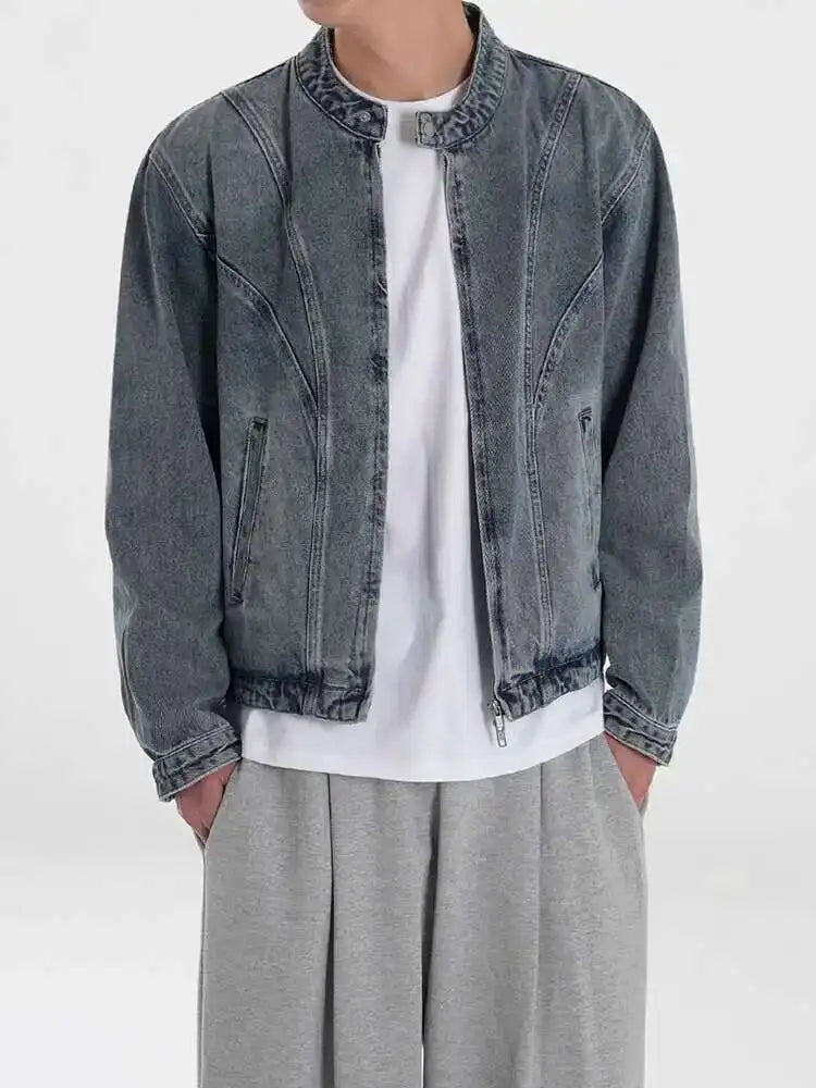 Korean Style Men's Wear Stand Collar Short Denim Jackets Niche Design Male Loose Zipper Coats New 2025 Autumn