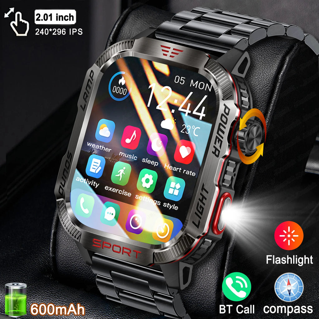 2025 New Outdoor Sport Smart Watch Men Compass LED Flashlight 600mAh Battery Health Monitoring Waterproof BT Call Smartwatch
