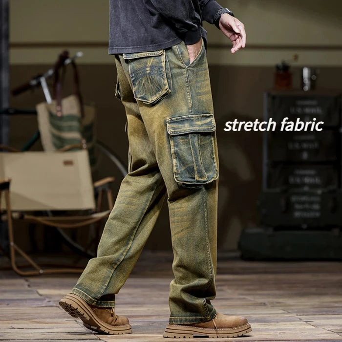 2025 Men's new elastic American retro multi -pocket Workers for denim  men's pants pants loose large size three -color