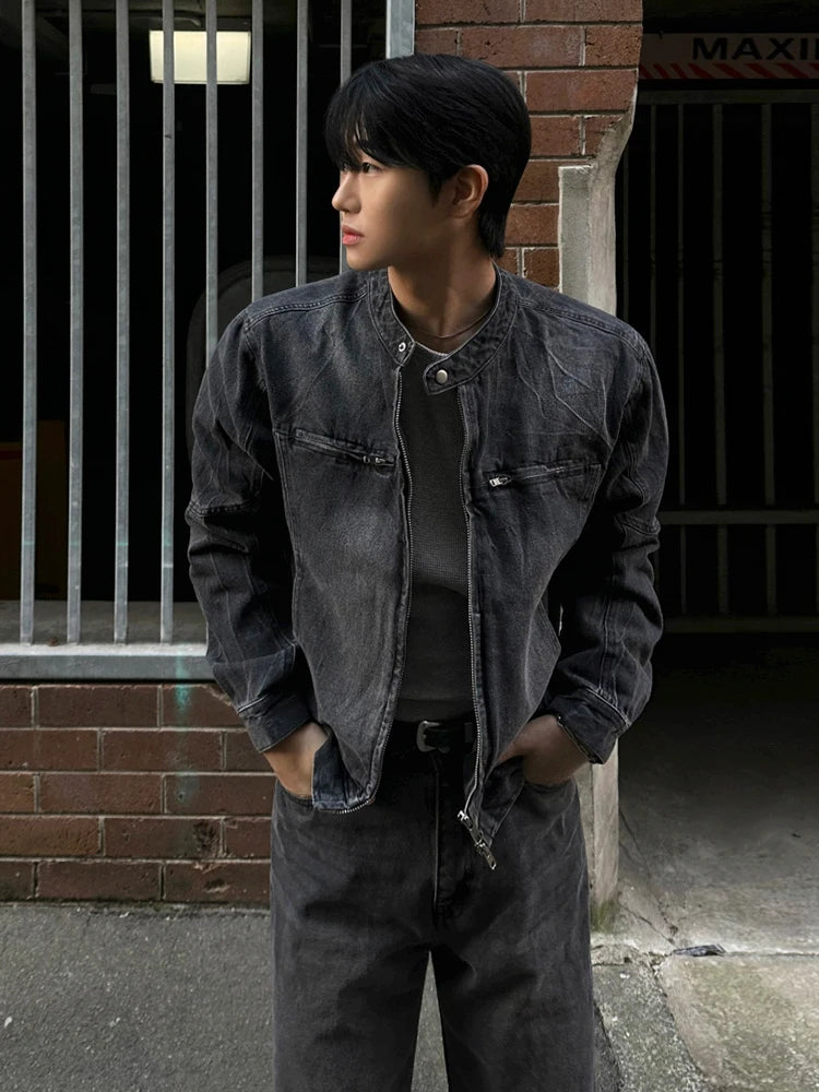 SYUHGFA High Street Men's Short Denim Coats Stand Collar Solid Color Loose Zipper Washing Male Jackets 2025 Spring Korean Style
