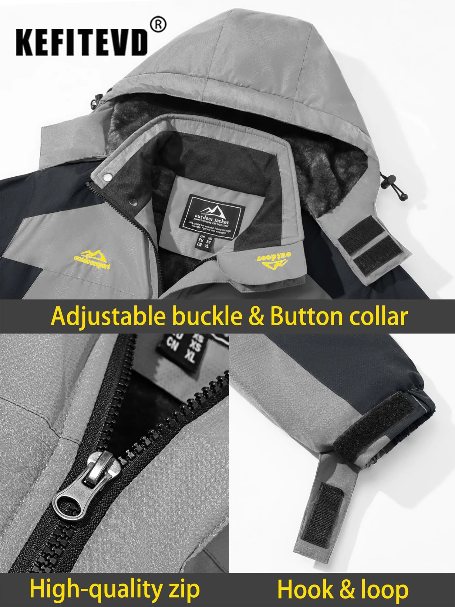KEFITEVD Winter Heavy Ski Jacket Waterproof Warm Fleece Jackets Outdoor Thermal Breathable Hiking Jacket Windbreaker Snow Parka