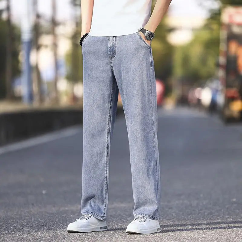 2025 New Ice Silk Thin Denim Jeans For Men Blue Straight Stretch Cotton Pants Business Casual Lightweight Trousers Spring Summer
