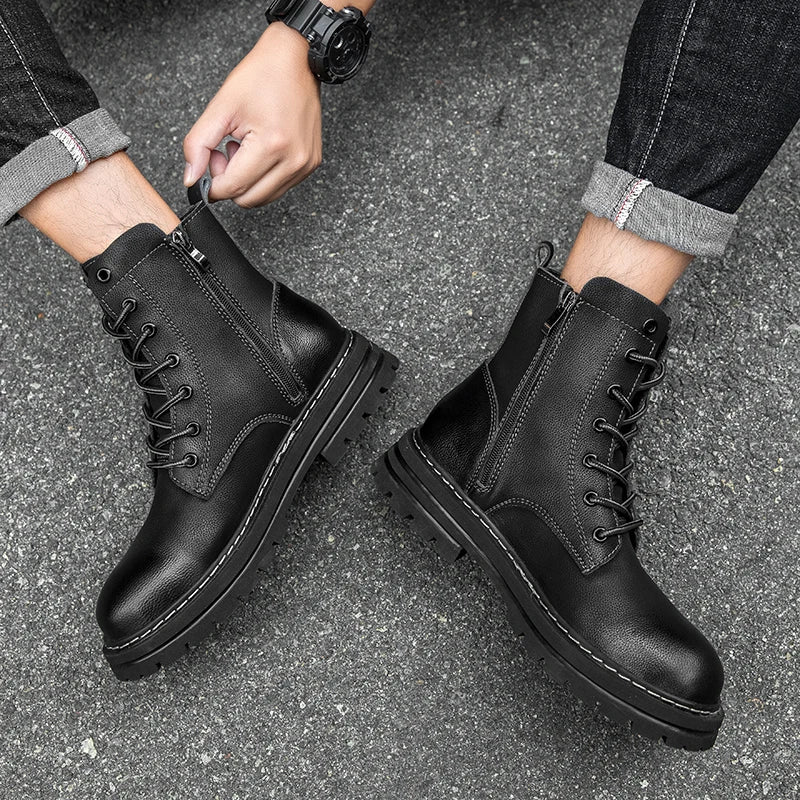 Men winter high top genuine leather boots couple anti-slip motorcycle boots lace-up shoes fashion zipper men boots large size 47
