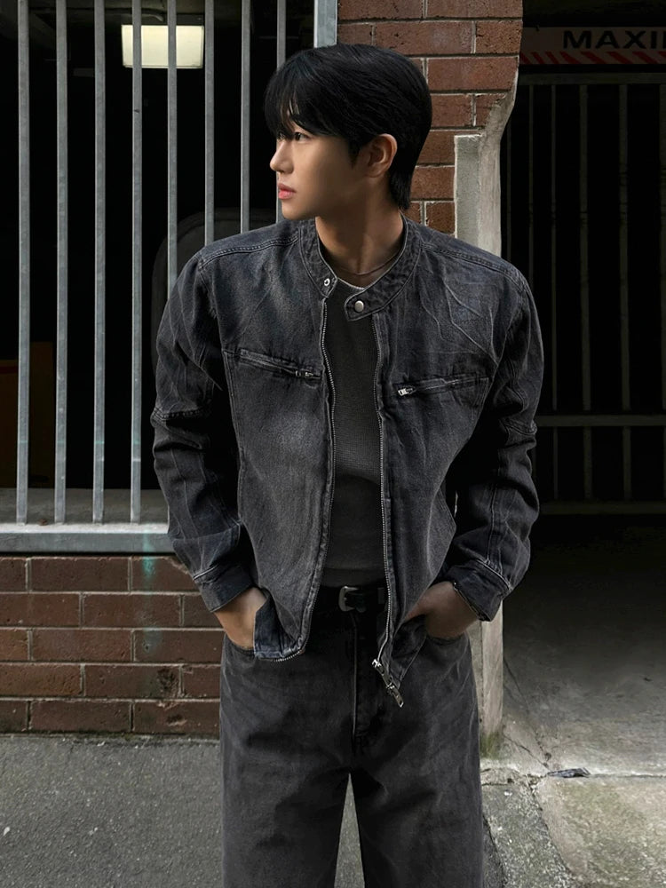 High Street Men's Short Denim Coats Stand Collar Solid Color Loose Zipper Washing Male Jackets 2025 Spring Korean Style