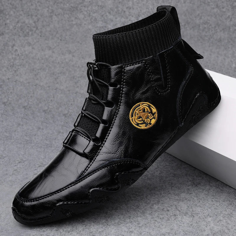 CLOHOO Men's Wear-resistant Boots Casual Classic Genuine Leather Handmade Shoes Ankle Round Toe Lace Up Walking Business Boot
